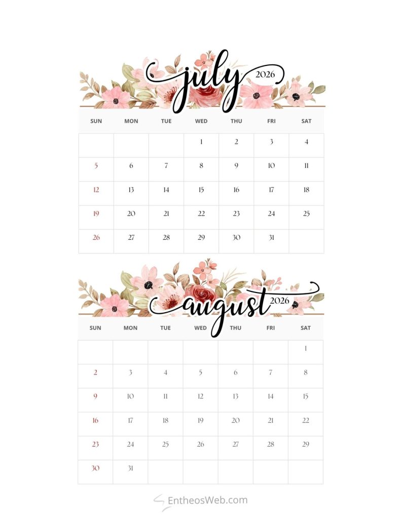 Two month calendar spread showing july 2026 and august 2026 with pink floral headers and grid of days sunsat 2 month   july august 2026 calendar 8 5 x 11 in   watercolor flowers